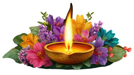 Traditional diya oil lamp with burning flame festive decorative light cultural religious element celebration object isolated on white background
