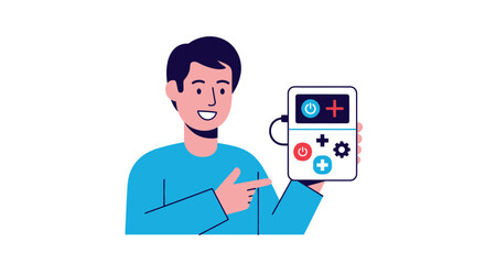 Smiling young man holding and pointing at a retro handheld gaming console.