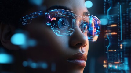 Young woman with futuristic glasses, immersed in digital technology, gazes intently at holographic data, showcasing innovation and the intersection of humanity and technology