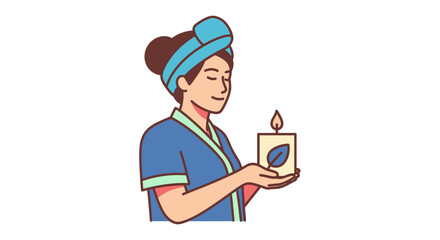 Woman in bathrobe and towel enjoying a relaxing aromatherapy candle.