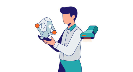 Man holding a futuristic drone and interacting with technology.