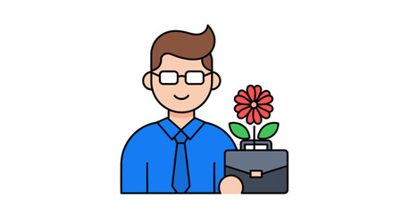 Cartoon businessman with a flower growing from a briefcase icon.