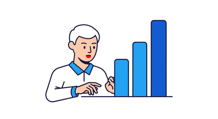 Young businessman analyzing a rising bar chart for growth.