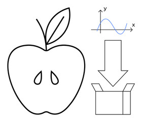 Apple with seeds and leaf, mathematical graph, and downward arrow pointing to box. Ideal for education, science, growth, analytics, food logistics process. Simple flat metaphor