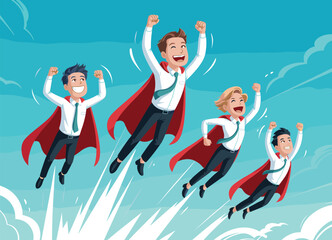 Cartoon business superheroes flying, teamwork success concept, red cape professionals in sky, motivation leadership illustration, corporate ambition graphic, high performance business art