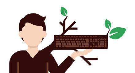 Green Computing Concept with Person Holding Plant Keyboard.