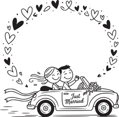 Obraz premium Newlyweds' Journey: A joyful illustration captures a newly married couple, their convertible adorned with a floral arrangement, embarking on their journey of love.