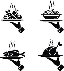Food tray icon set, black and white silhouette meal graphics, culinary service symbols for restaurant menu, seafood, pasta, poultry, and mixed dishes