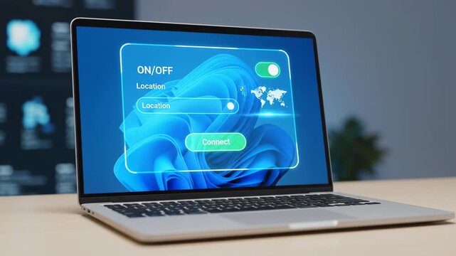 Secure VPN Connection on Laptop - A laptop displays a VPN interface with the "ON/OFF" toggle and location settings, emphasizing secure access.