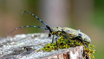 Close-up of a longhorn beetle on a mossy tree stump