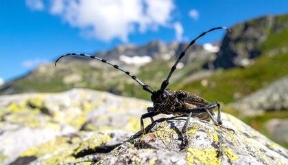 Close-up of a longhorn beetle on a rocky mountain