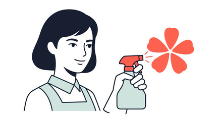 Smiling woman in an apron holding a spray bottle creating a flower mist.