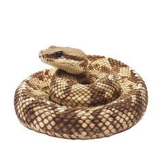 A close-up view of a coiled snake with intricate patterns and textures. its natural beauty against a plain background. ideal for educational or wildlife-themed projects