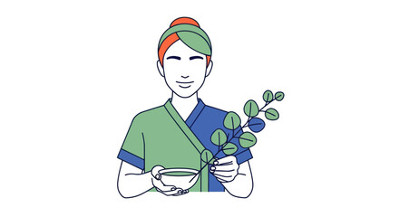 Illustration of a woman in a spa preparing a natural herbal remedy.