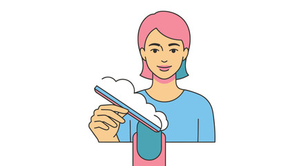 Young woman with pink hair filing her fingernail illustration.