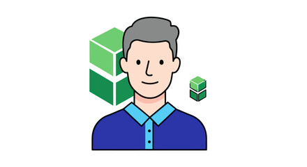 Illustrated male character with gray hair and blue shirt.