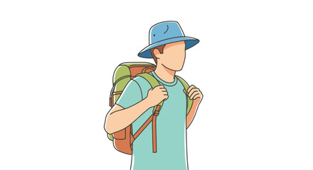 Young male adventurer with a backpack and hat illustration.