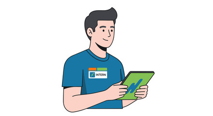 Young man in a blue shirt holding a green tablet.