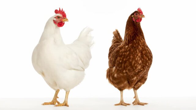 White and Brown Chickens Posing in Studio - This video shows a white chicken and a brown chicken standing side-by-side in a studio setting. They are both posing against a clean white background.