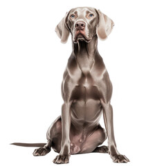 A majestic Weimaraner dog sitting elegantly against a plain white background. its sleek coat and poised demeanor. perfect for pet-related content or advertisements
