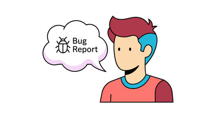 Vector illustration of a person with a bug report speech bubble.