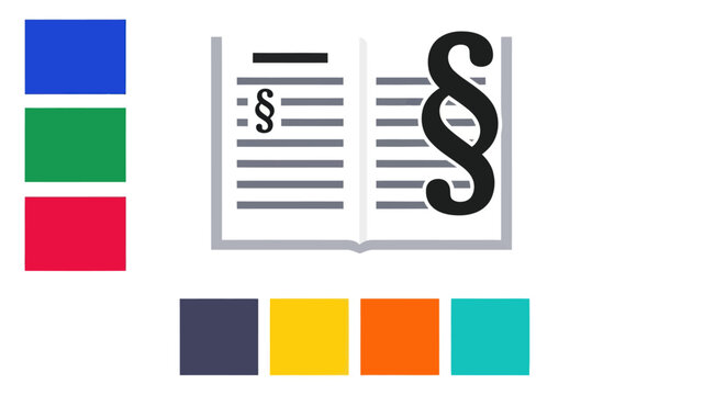 Flat design icon of a law book with paragraph symbols.