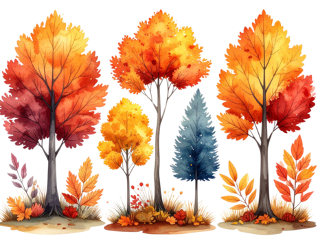 PNG Charming autumn watercolor illustrations, element set on transparent background