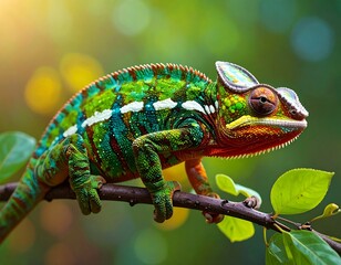 Colorful chameleon perched on a branch in a lush forest