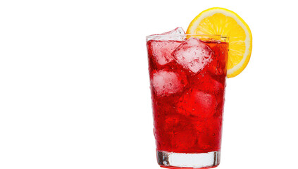 A refreshing glass of red beverage filled with ice cubes and garnished with a slice of lemon. set against a clean white background. ideal for summer drink promotions