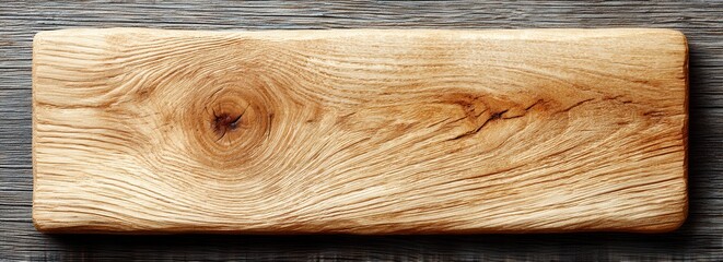 A rectangular wooden cutting board with a natural grain pattern, sitting on a similar textured surface