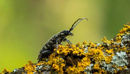 Close-up of a longhorn beetle on a tree branch with lichen