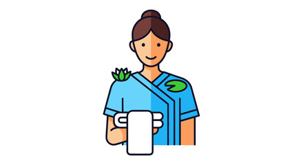 Cartoon illustration of a female spa therapist holding a towel.