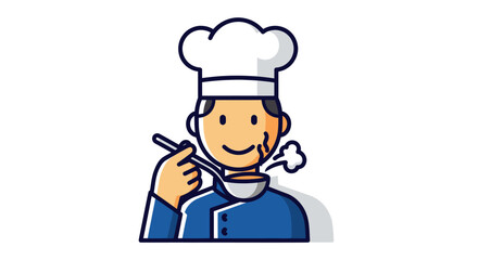 Cartoon chef in uniform tasting hot soup from a ladle.