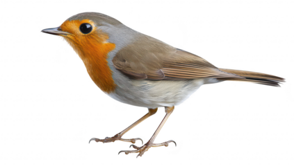 A close-up of a robin perched gracefully. its distinct orange and gray plumage. against a clean white background. ideal for nature-themed projects