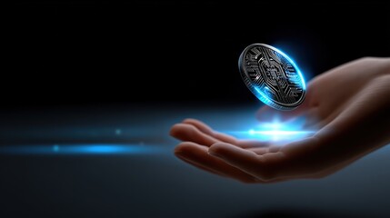 Futuristic Cryptocurrency Concept with Coin Hovering Over Hand