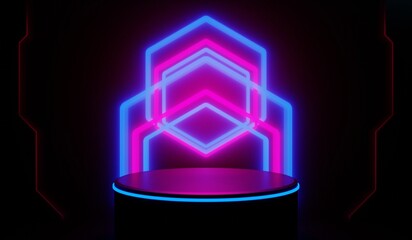 3d illustration rendering of y2k 2000s gaming technology futuristic fantasy metaverse cyberpunk sci-fi display podium pedestal stage room abstract background in neon-glow