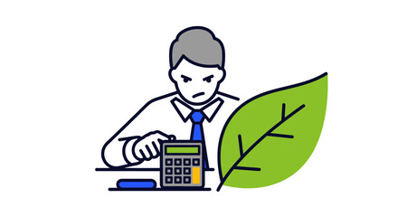 Businessman intensely calculating environmental business costs.