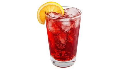 A refreshing glass of red beverage with ice cubes and a slice of lemon garnishing the rim. set against a clean white background. ideal for summer drink promotions or cocktail recipes