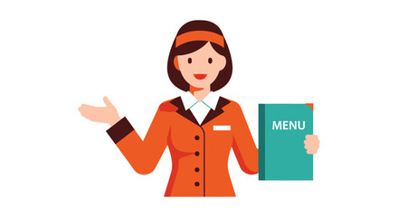 Friendly waitress in orange uniform holding a restaurant menu.