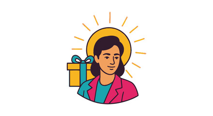 Stylized illustration of a person with a radiant halo and a gift.