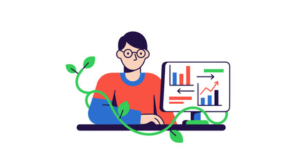 Data analyst monitoring sustainable business growth on a computer.