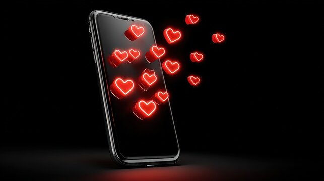 Smartphone with Floating Red Heart Icons on Black