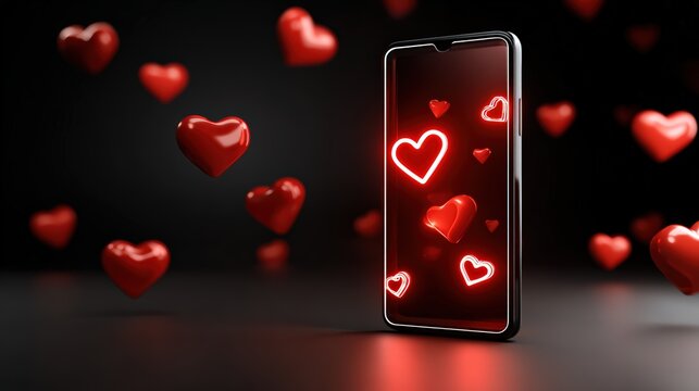 Smartphone with Glowing Red Hearts for Online Love and Social Media