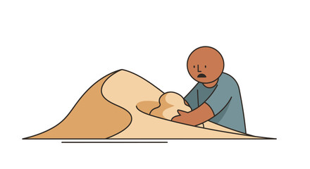 Cartoon man with a worried expression folding a large beige blanket.