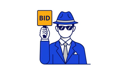 Mysterious man in a suit and fedora holding a bid paddle.