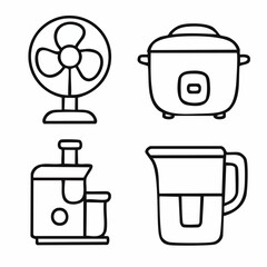 Minimalist line art icon set featuring four essential home appliances perfect for modern digital interfaces and branding