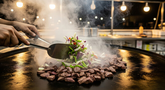 Dynamic Low-Angle Shot of Sizzling 'Kebda' being Cooked on a 'Saj' in Saudi Arabia