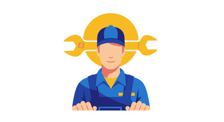 Professional mechanic character in uniform with wrench icon.