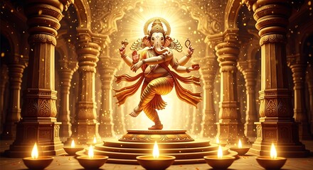 Fototapeta premium Ganesha Dancing Amidst Golden Pillars and Diyas
