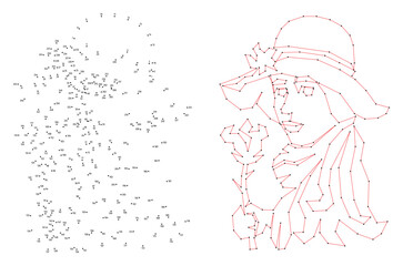 Young girl in a wide-brimmed hat with a flower in her hand. Connect the dots educational drawing game. Dot to dot by numbers puzzle. Google Font Fira Sans Condensed.